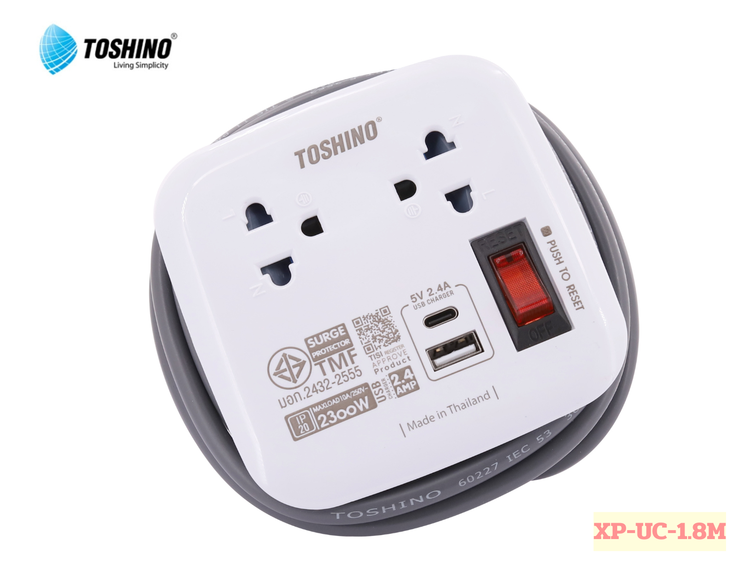 TOSHINO ปลั๊กไฟพกพาการเดินทาง 2ช่อง 1USB 1PD 1.8เมตร