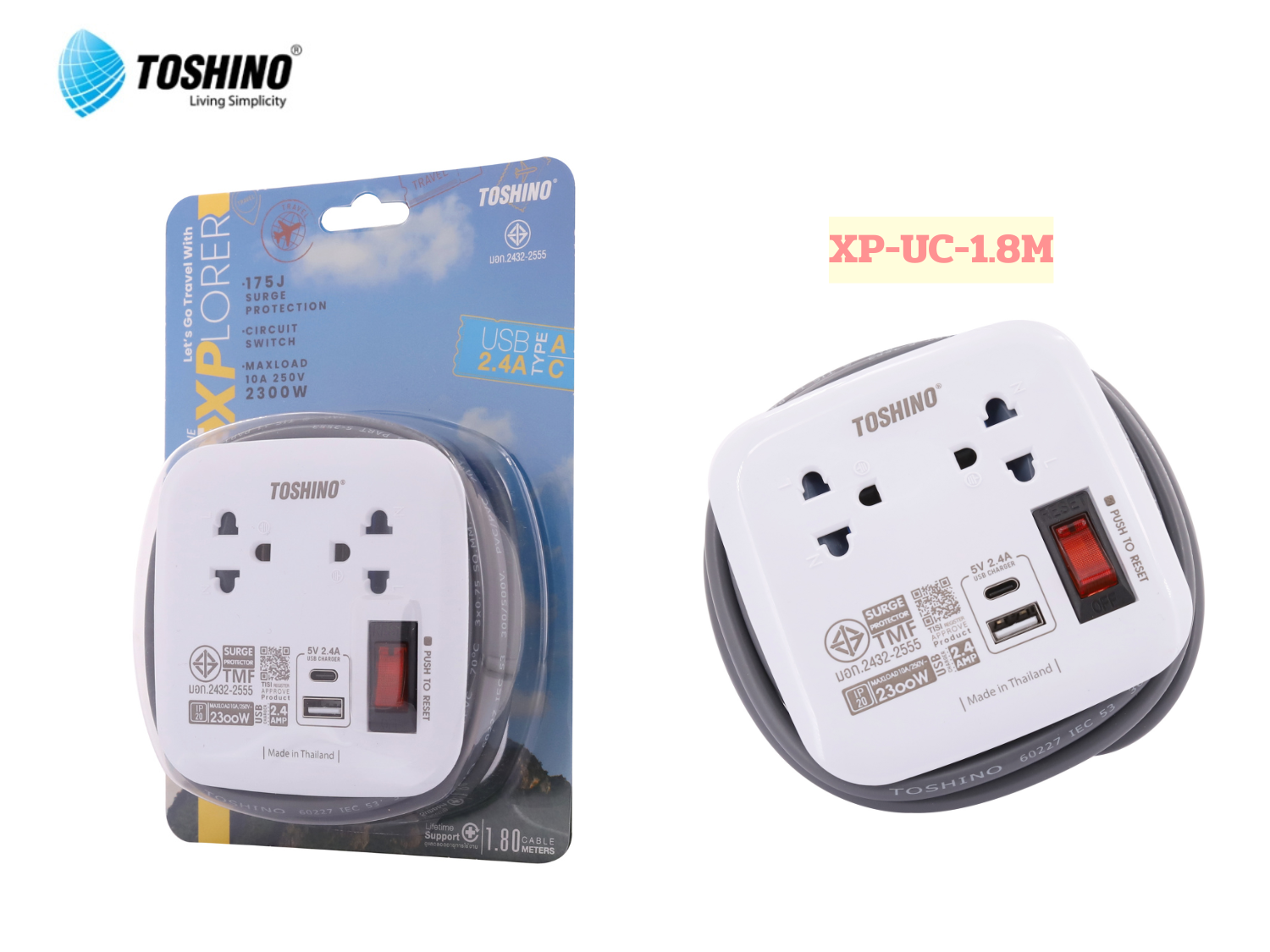 TOSHINO ปลั๊กไฟพกพาการเดินทาง 2ช่อง 1USB 1PD 1.8เมตร