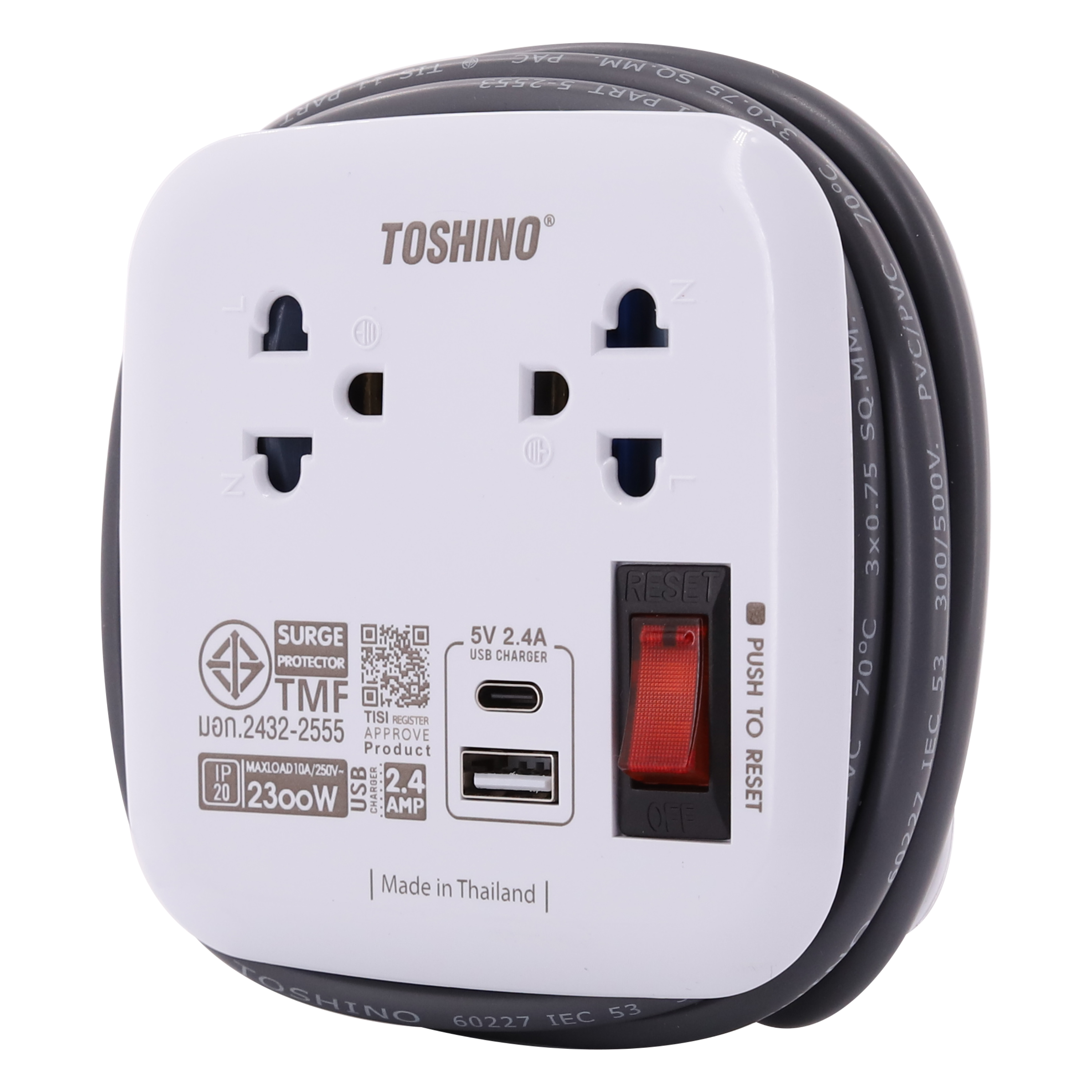 TOSHINO ปลั๊กไฟพกพาการเดินทาง 2ช่อง 1USB 1PD 1.8เมตร