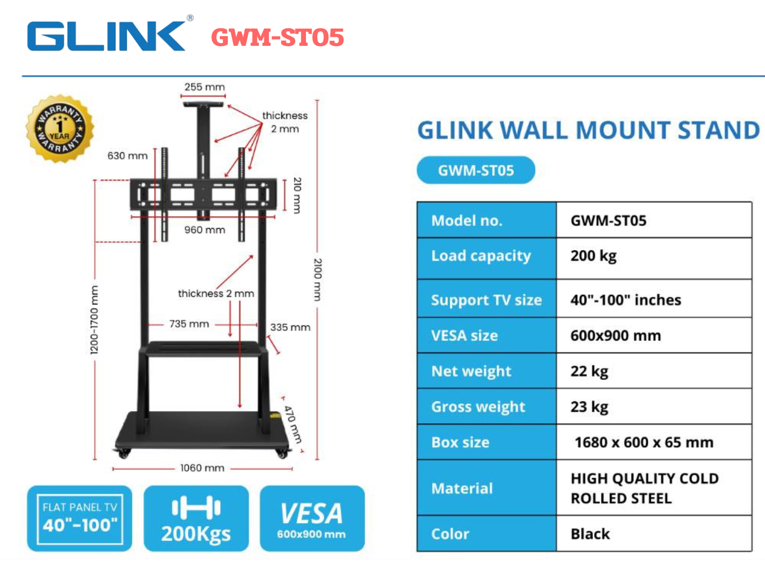 GLINK ขาตั้งทีวี ขาตั้งจอโปรเจคเตอร์ มีล้อลาก ขนาด40-100นิ้ว