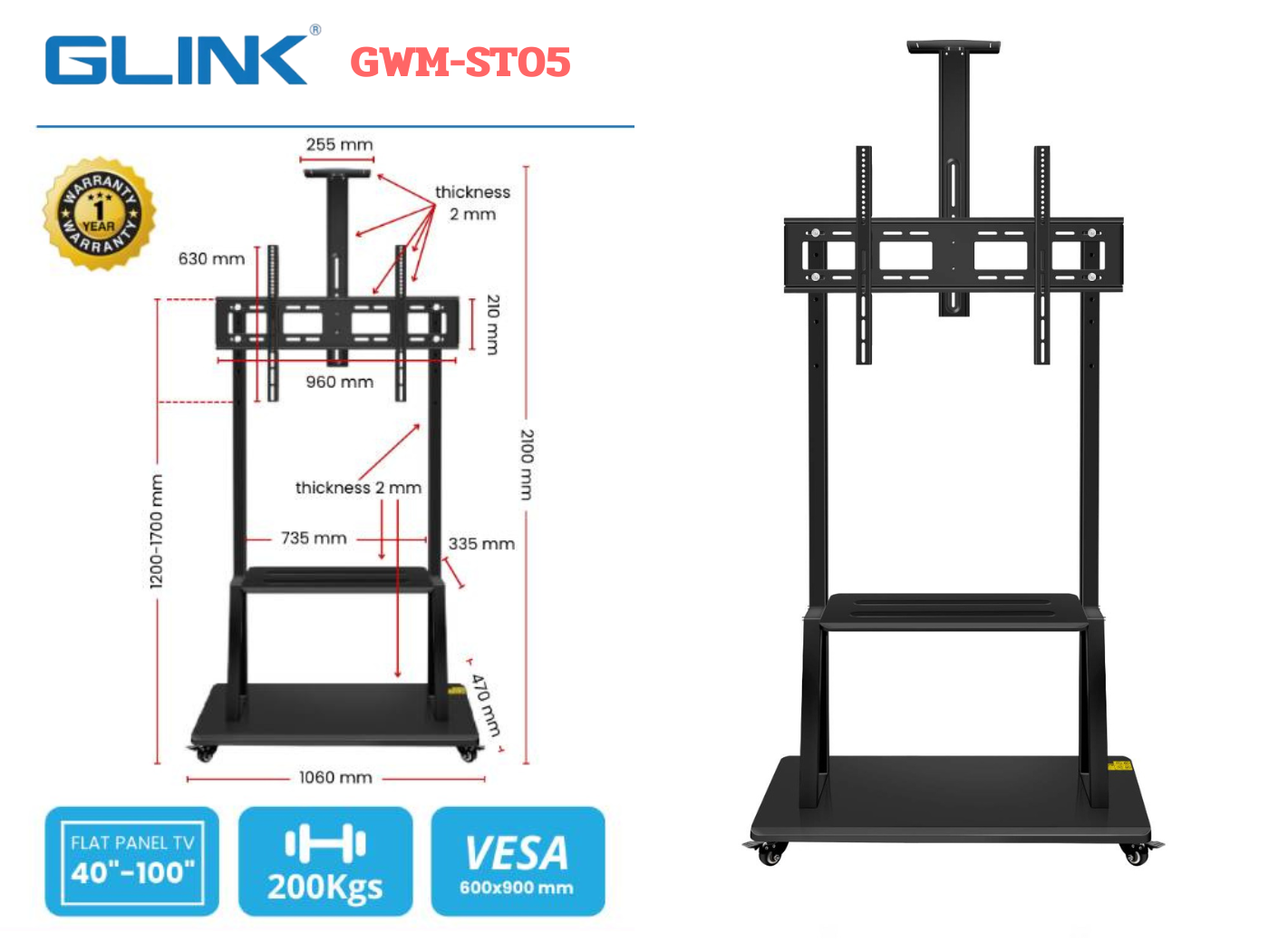 GLINK ขาตั้งทีวี ขาตั้งจอโปรเจคเตอร์ มีล้อลาก ขนาด40-100นิ้ว