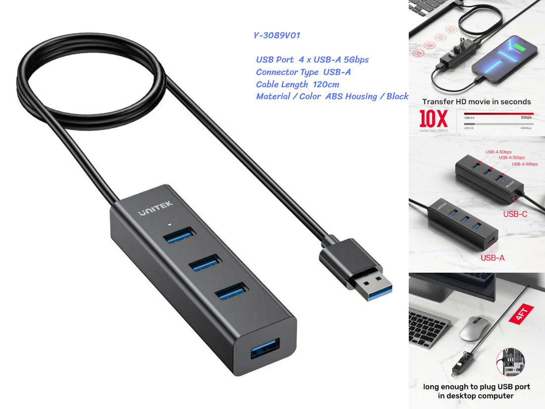 UNITEK USB3.0 HUB 4port 5Gbps. สายยาว 1.2เมตร