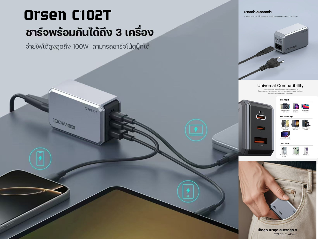 ORSEN by Eloop หัวชาร์จมือถือ แท็ปเล็ต โน๊ตบุ๊ค 100วัตต์ มี มอก.
