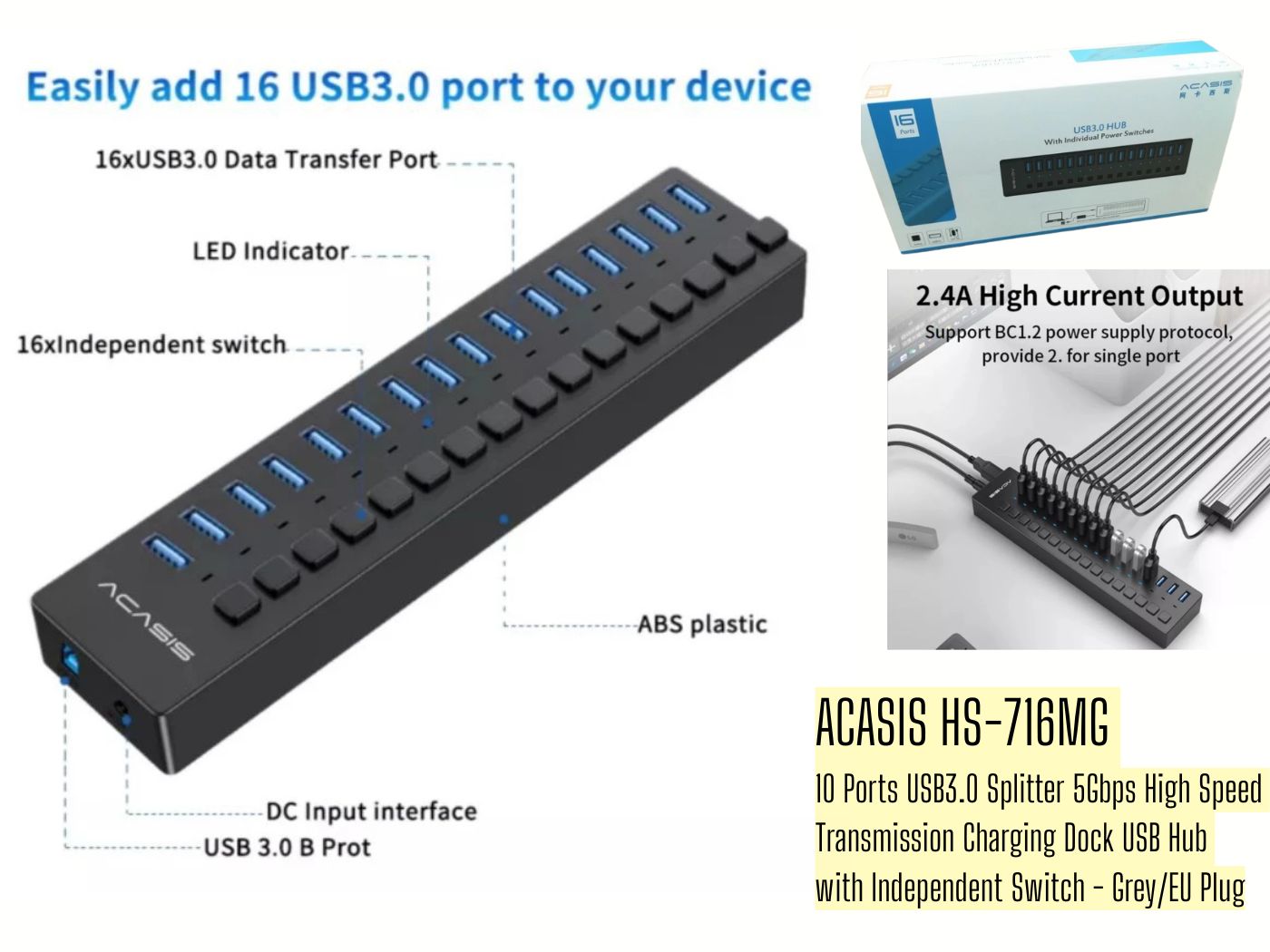 ACASIS 16-Port USB 3.0 Hub Splitter Docking Station with 5Gbps High-Speed Data Transfer