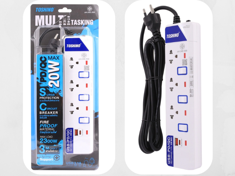 TOSHINO ET-913UC ปลั๊กไฟ 3ช่อง 1USB-A 1USB-C สายยาว 3เมตร