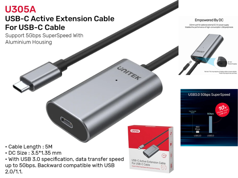 UNITEK USB-C Active Extension Cable support 5Gbps 5.0M