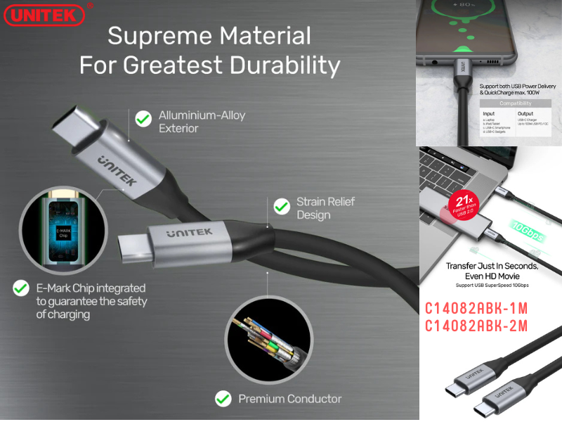 UNITEK USB-C 100W PD Fast Charging Cable with 4K@60Hz 2.0M