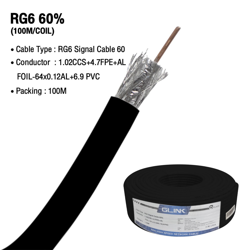 GLINK RG 6 Coaxial 60% (100M/COIL) White ชิลด์ 60% 100 เมตร สีดำ GLINK RG 6 Coaxial 60% (100M/COIL) White ชิลด์ 60% 100 เมตร สีดำ