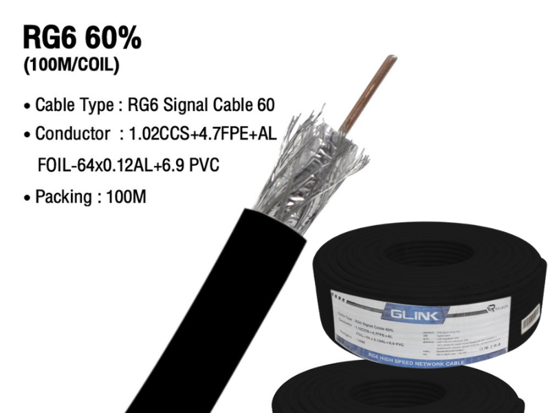 GLINK RG 6 Coaxial 60% (100M/COIL) White ชิลด์ 60% 100 เมตร สีดำ