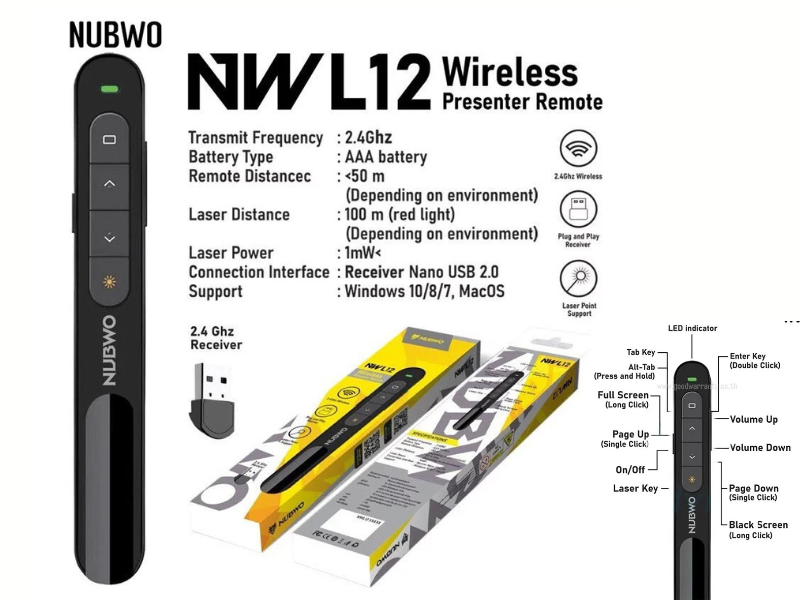 NUBWO Wlreless Presentation Remote  & Laser Pointer  ระยะ 100เมตร