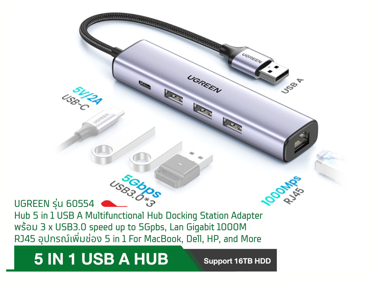 UGREEN Hub 5 in 1 USB A Multifunctional Hub Docking Station Adapter speed up to 5Gpbs