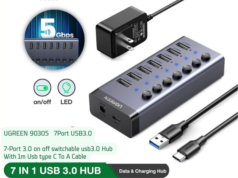 UGREEN 7 Port 3.0 on off switchable usb3.0 Hub With 1m Usb type C To A Cable