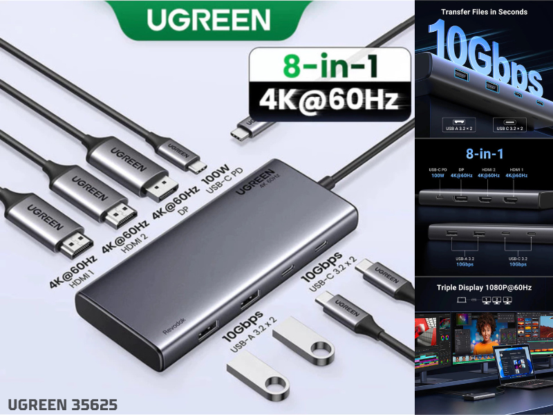 UGREEN  USB-C 8in1 Adapter 4K@60hZ Hdmi x2 DPx1 USB-A3.2x2 USB-C3.2x2 10Gbps PD100W