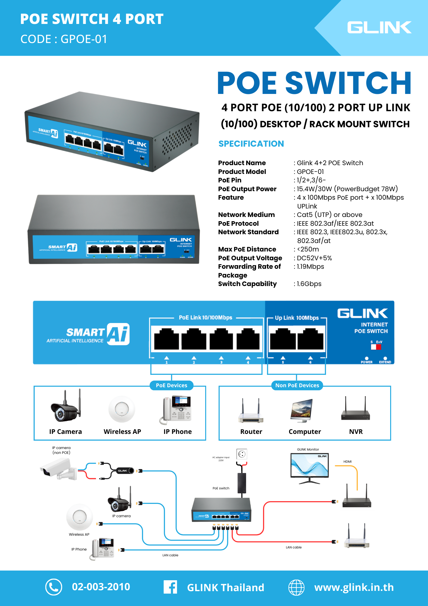 GLINK POE SWITCH 4 PORT POE (10/100) 2 PORT UP TO LINK (10/100)