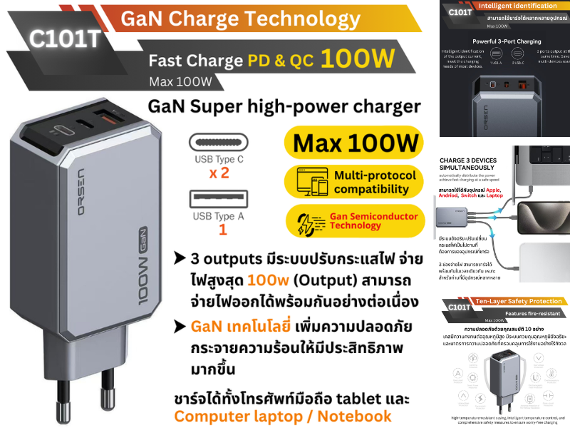 ORSEN by eloop Adapter GaN Super Fast Charge PD QC 100W รุ่น C101T