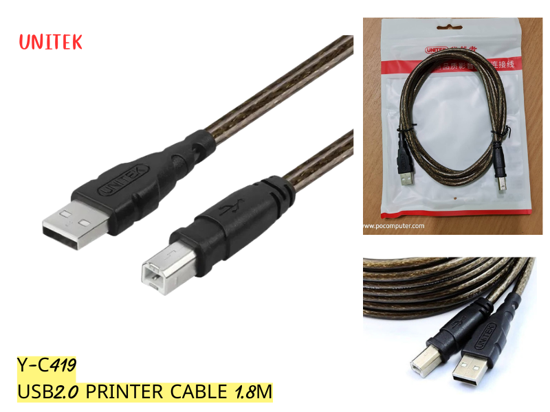 UNITEK USB PRINTER 1.8M 480Mbps. สายสีดำใส