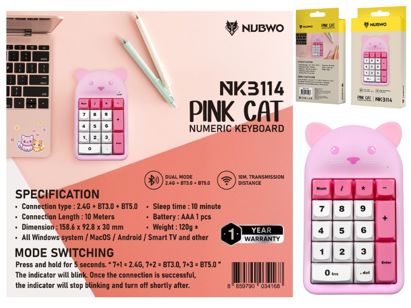 NUBWO PINK CAT NUMERIC KEYBOARD แป้นคีย์ตัวเลขไร้สาย