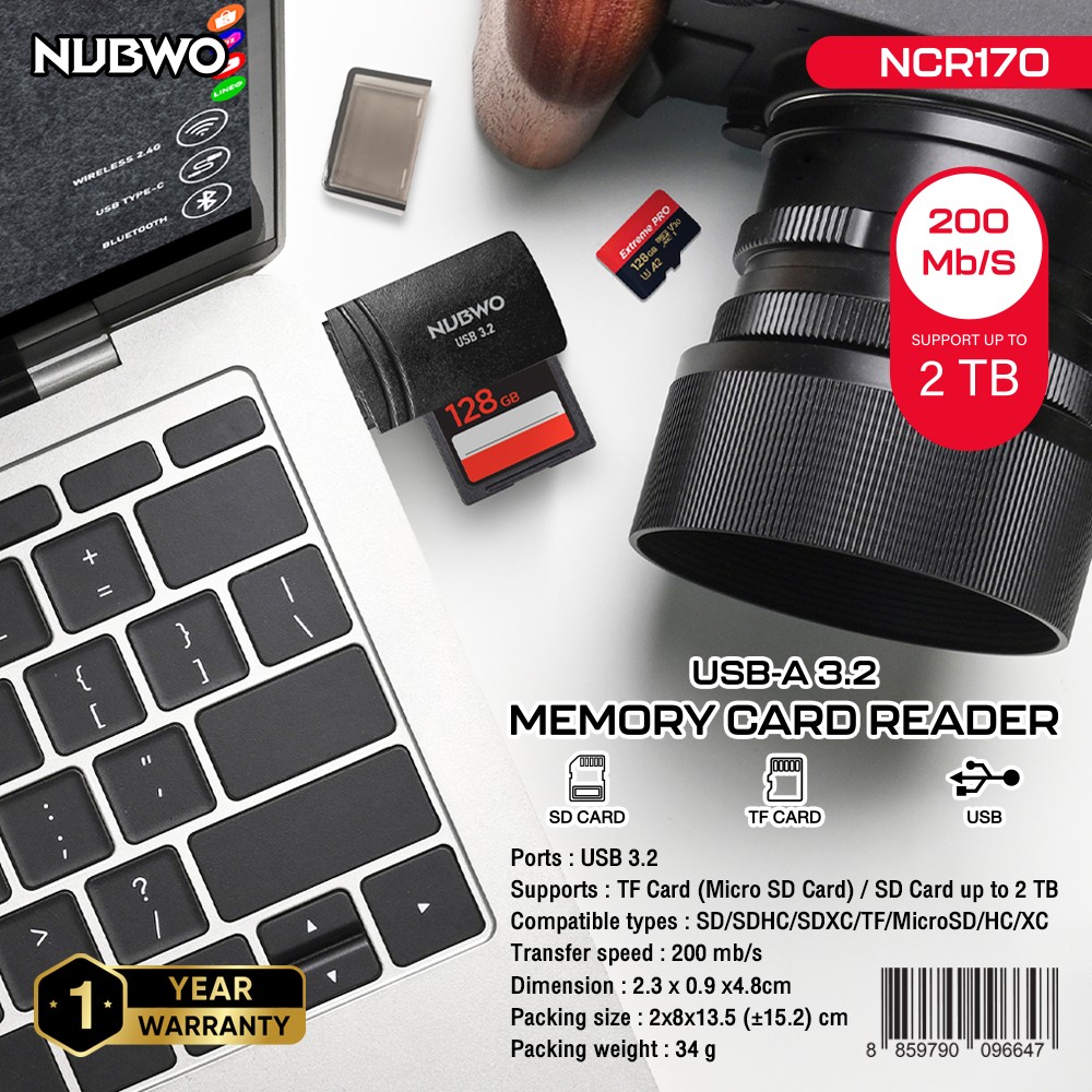 NUBWO USB 3.2 MEMORY CARD READER รุ่น NCR170 สีดำ