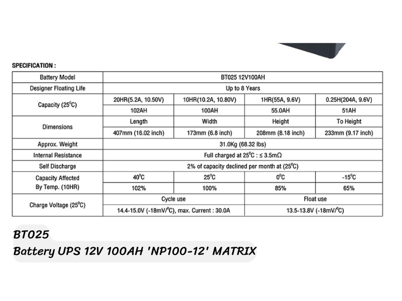 MATRIX Battery UPS 12V 100AH 'NP100-12' MATRIX Battery UPS 12V 100AH 'NP100-12'