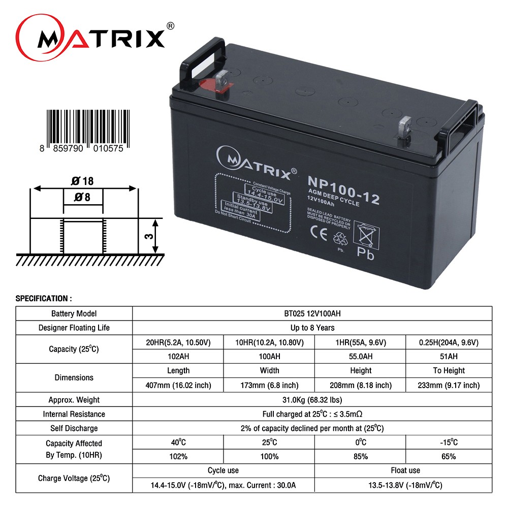 MATRIX Battery UPS 12V 100AH 'NP100-12' MATRIX Battery UPS 12V 100AH 'NP100-12'