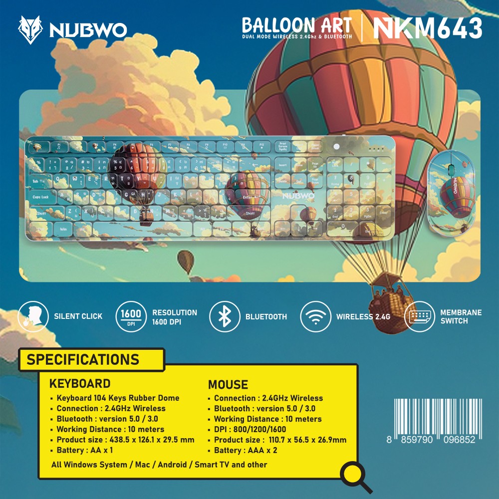 NUBWO คีย์บอร์ด+เมาส์ ไร้สาย มีลายกราฟฟิคสวยงาม รุ่น NKM643 NUBWO คีย์บอร์ด+เมาส์ ไร้สาย มีลายกราฟฟิคสวยงาม รุ่น NKM643