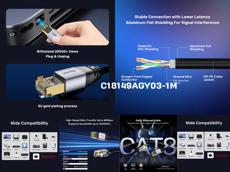 UNITEK LAN Cat 8 High Speed 40Gbps 2000Mhz Network Cord 1.0M
