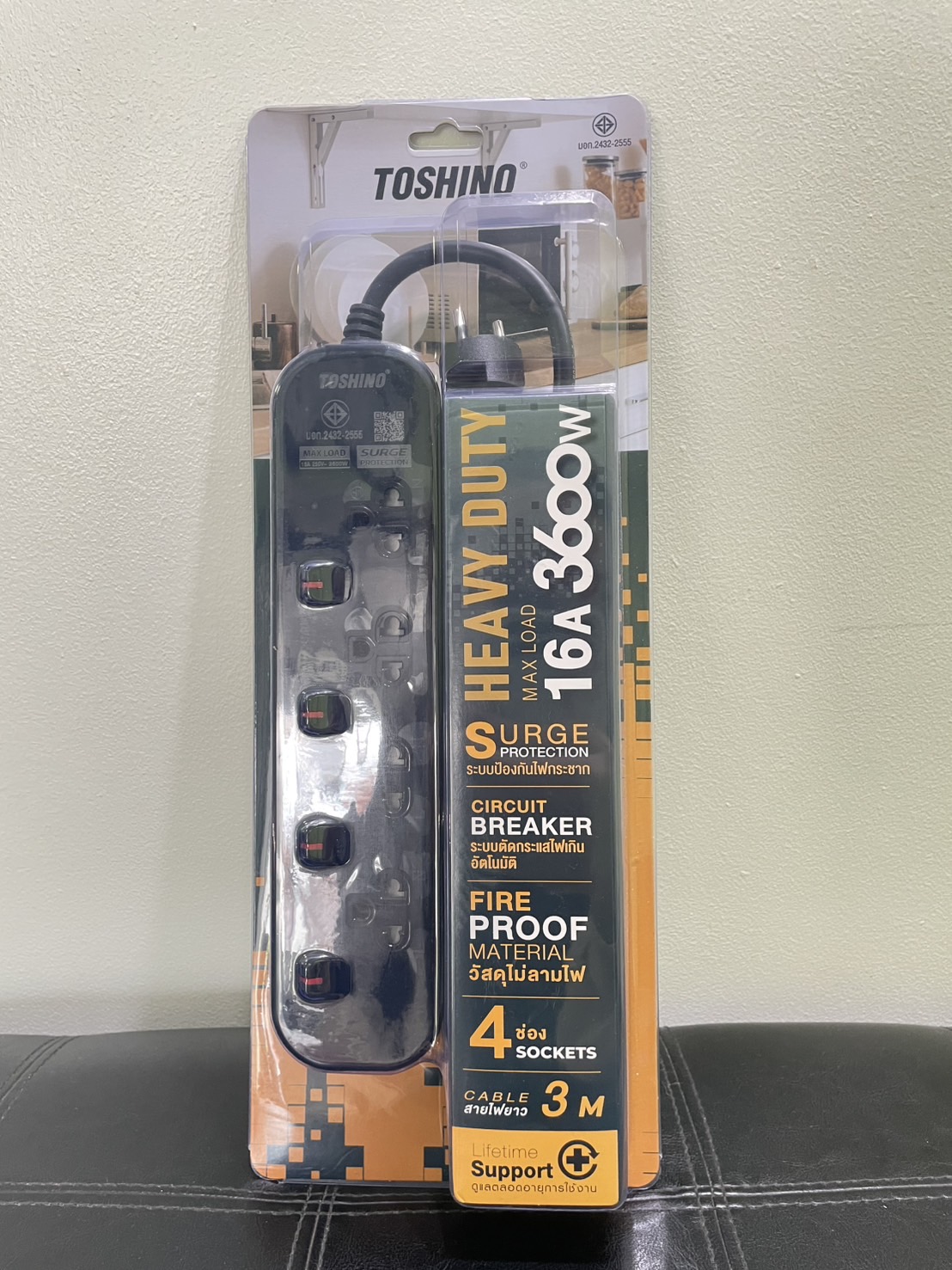 TOSHINO รุ่น JT4-3MBK  รางปลั๊กไฟยี่ห้อโตชิโน 4ช่อง 4สวิทซ์ สายยาว 3เมตร 16A 3600W