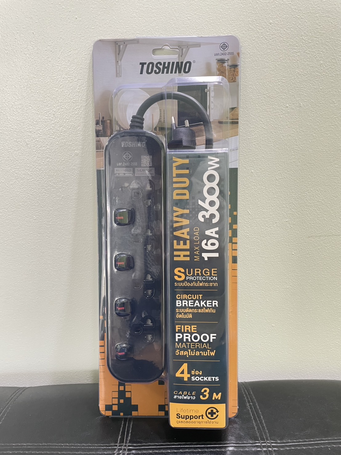 TOSHINO รุ่น JT4-3MBK  รางปลั๊กไฟยี่ห้อโตชิโน 4ช่อง 4สวิทซ์ สายยาว 3เมตร 16A 3600W