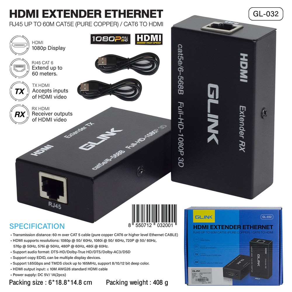 Glink HDMI Extender Cat5e/Cat6e 60M GL-032 อุปกรณ์ขยายสัญญาณ Glink HDMI Extender Cat5e/Cat6e 60M GL-032 อุปกรณ์ขยายสัญญาณ