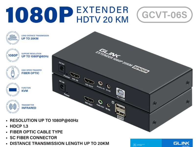 Glink GCVT-06S  อุปกรณ์แปลงสัญญาณจาก HDMI+USB เป็น Fiber Optic