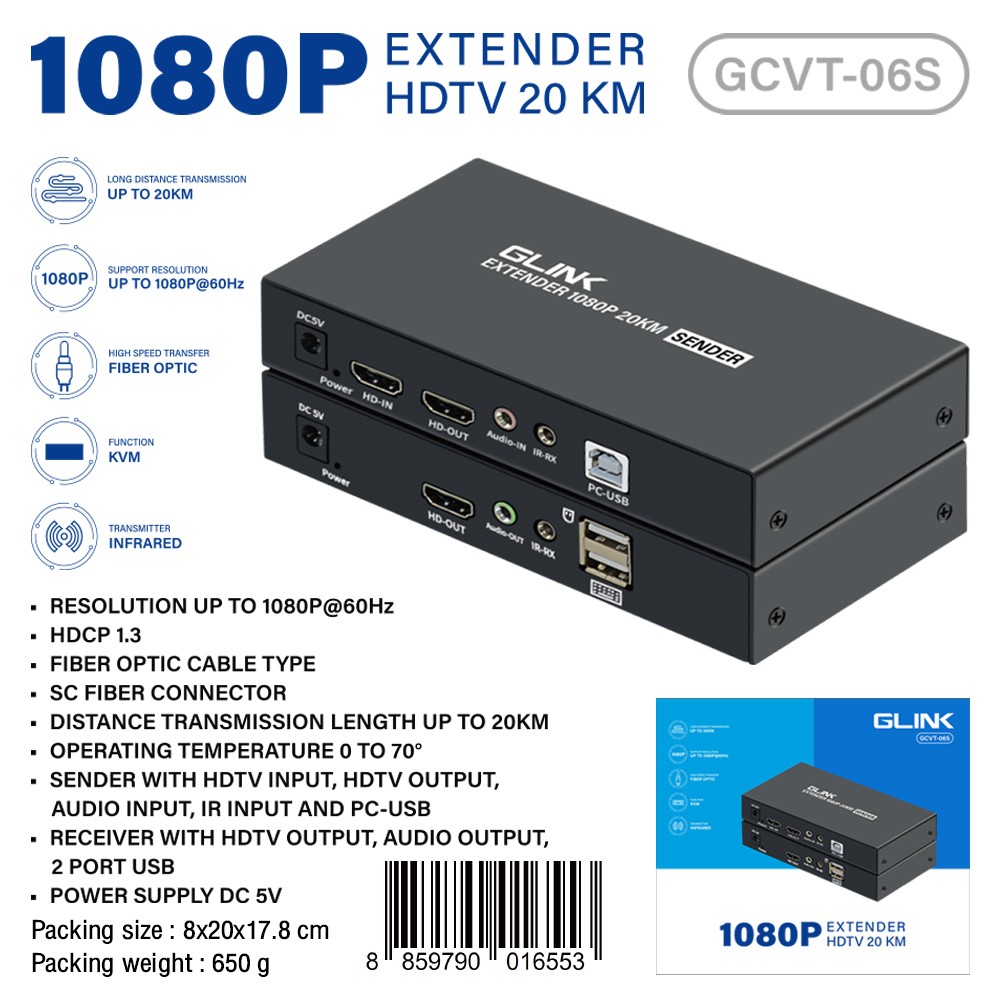 Glink GCVT-06S  อุปกรณ์แปลงสัญญาณจาก HDMI+USB เป็น Fiber Optic