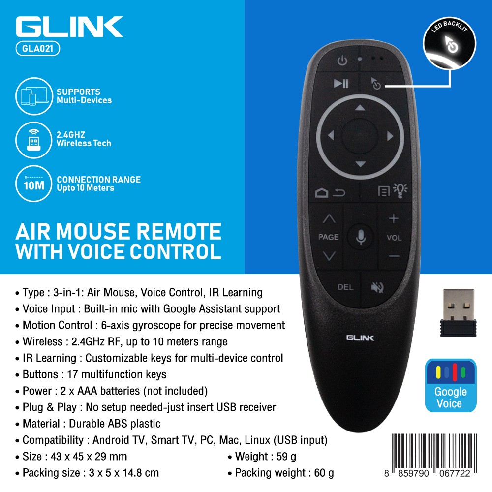 Glink Smart Remote Voice Control Wireless 2.4G รีโมท Air Mouse Voice Control รุ่น GLA021 Glink Smart Remote Voice Control Wireless 2.4G รีโมท Air Mouse Voice Control รุ่น GLA021
