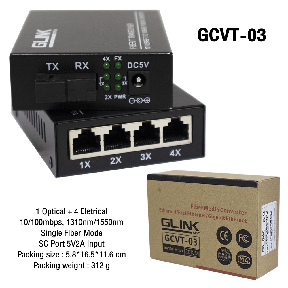 Glink GCVT-03 Media Converter Fiber 10/100 20km. 4 Eletrical