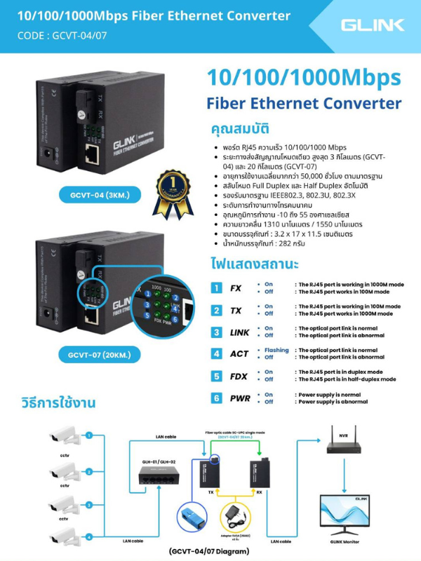 GLINK GCVT04 Media Converter Fiber 10/100/1000 3KM GLINK GCVT04 Media Converter Fiber 10/100/1000 3KM