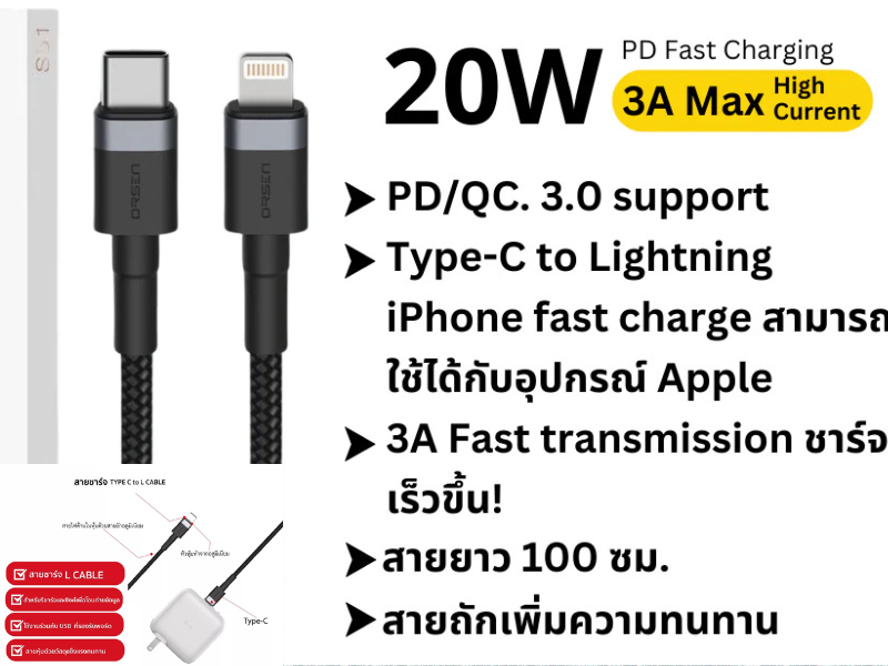 Eloop S51 สายชาร์จไอโฟน Type-C PD 3A 20W รองรับ iPhone 13