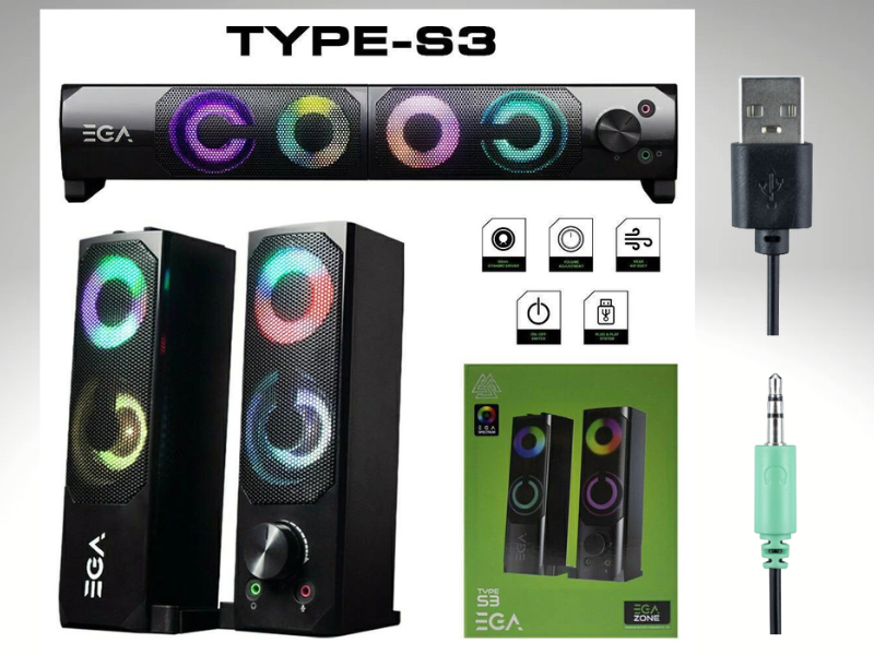 ลำโพงคอมพิวเตอร์ EGA TYPE S3 SPEAKER ลำโพง มีไฟ RGB ลำโพงคอมพิวเตอร์ EGA TYPE S3 SPEAKER ลำโพง มีไฟ RGB