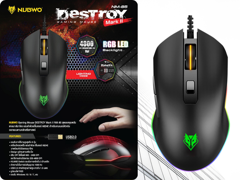 NUBWO DESTROY MARK II (NM-085) BLACK RGB LED เม้าส์เกมส์
