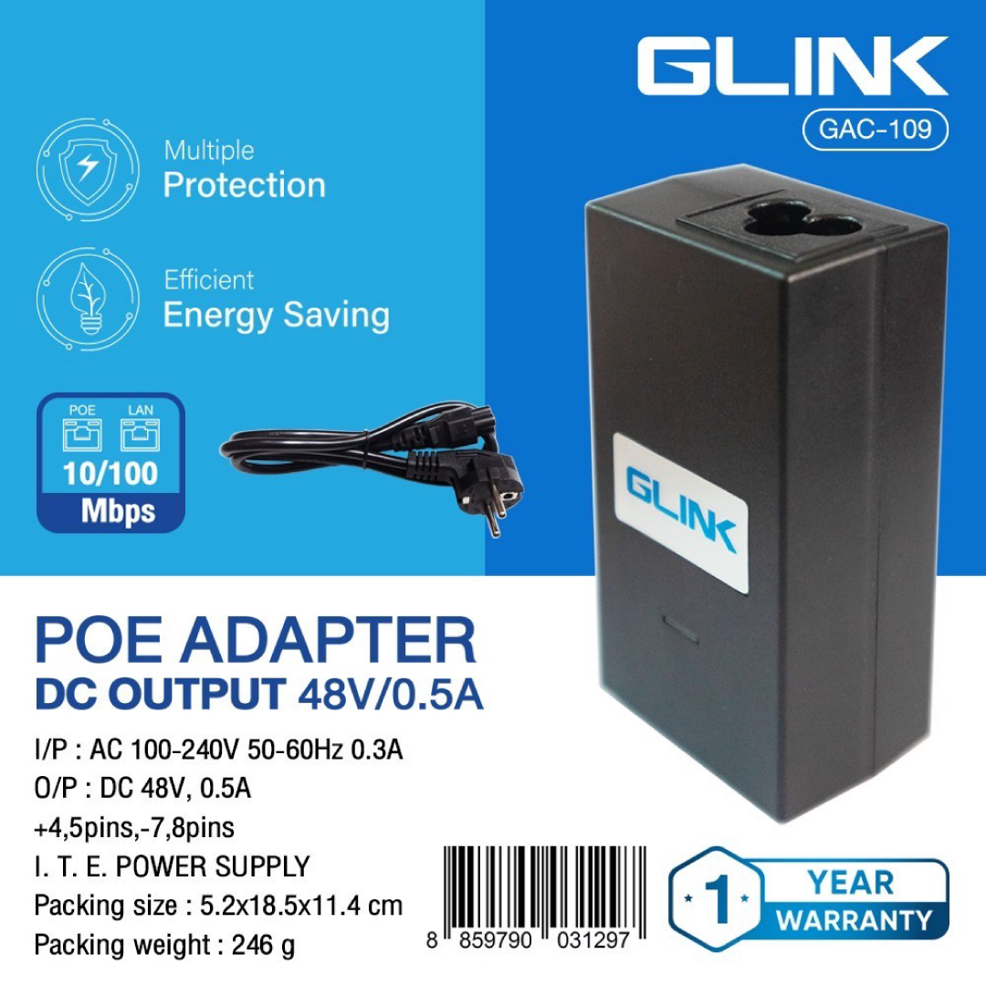 Glink อะแดปเตอร์ POE รุ่น GAC-109 POE Adapter สำหรับกล้องวงจรปิด Glink อะแดปเตอร์ POE รุ่น GAC-109 POE Adapter สำหรับกล้องวงจรปิด