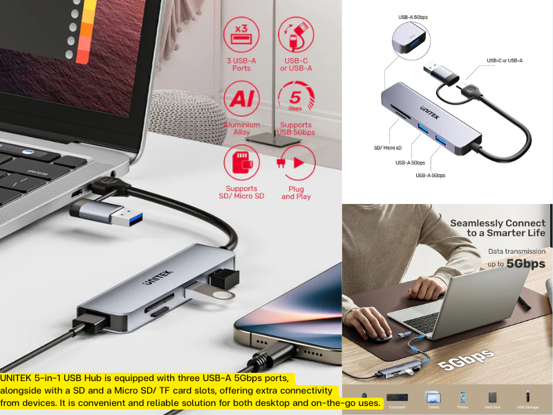 UNITEK 5-in-1 USB 5Gbps Hub with SD and Micro SD Card Reader
