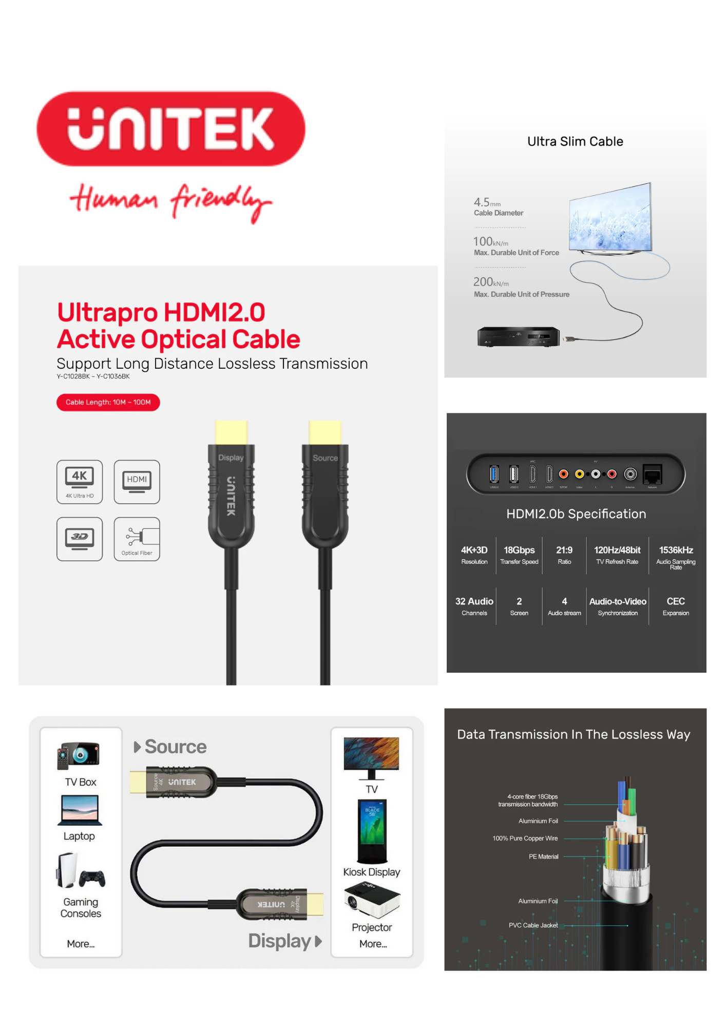 UNITEK HDMI V2.0 FIBER OPTIC CABLE 4K@60Hz. 70.0M