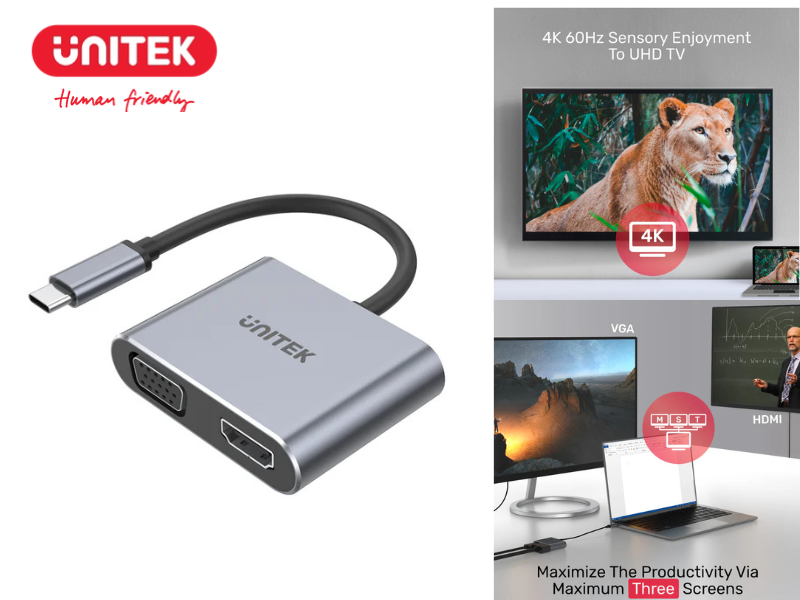 UNITEK USB TYPE-C TO HDMI & VGA ADAPTER 4K@60HZ.