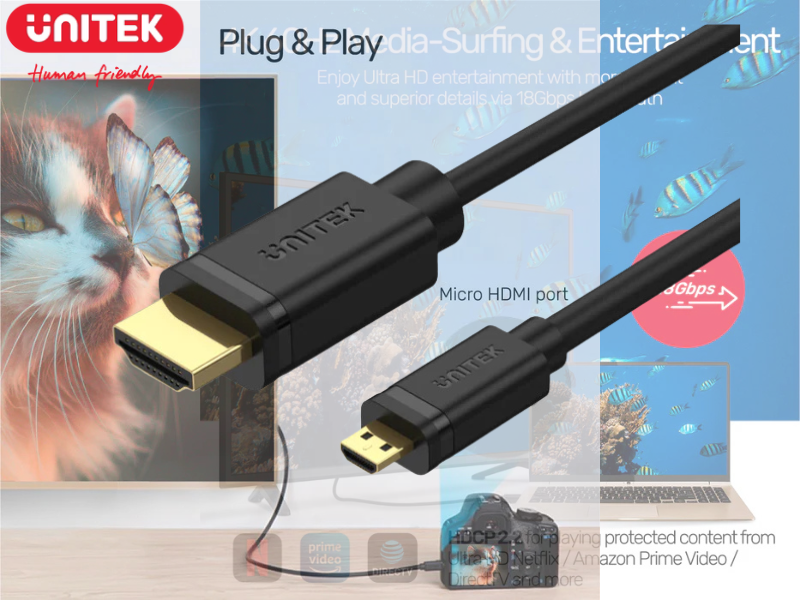 UNITEK MICRO HDMI TO HDMI CABLE 2.0M 4K@60HZ.