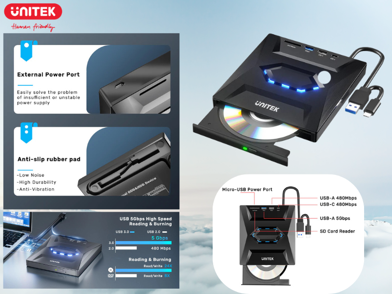 UNITEK 5-in-1 External Optical Drive with USB Hub UNITEK 5-in-1 External Optical Drive with USB Hub