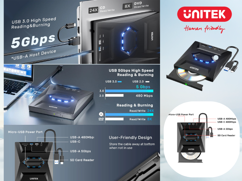 UNITEK 5-in-1 External Optical Drive with USB Hub UNITEK 5-in-1 External Optical Drive with USB Hub