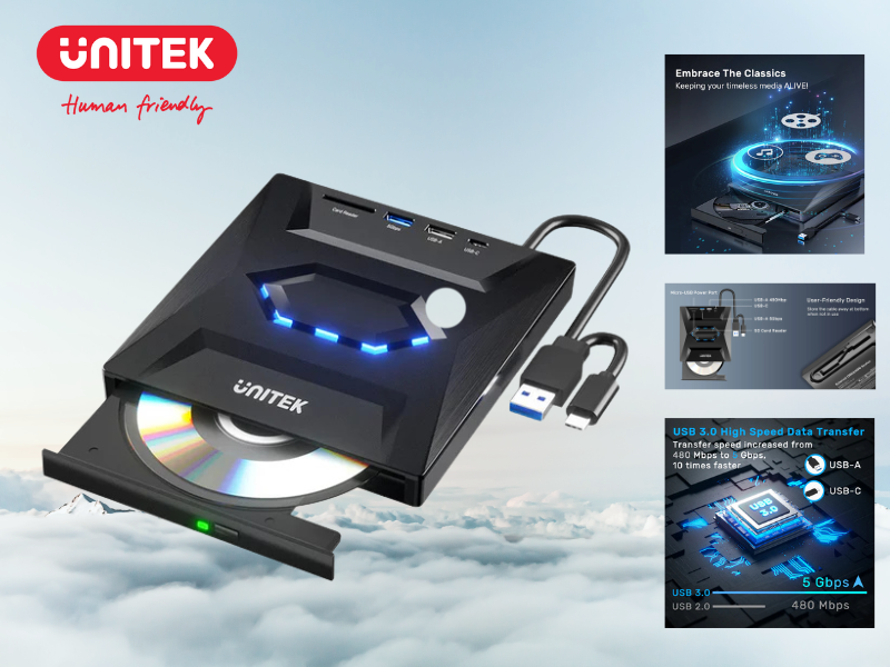 UNITEK 5-in-1 External Optical Drive with USB Hub