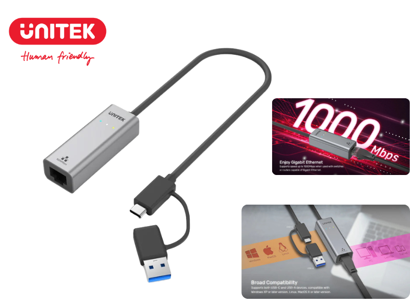 UNITEK USB-C / USB-A to Gigabit Ethernet Adapter