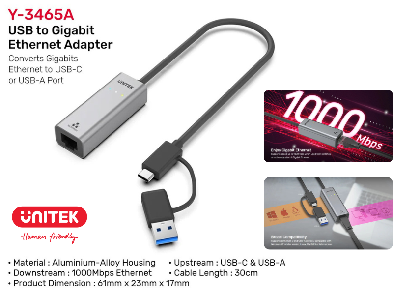 UNITEK USB-C / USB-A to Gigabit Ethernet Adapter