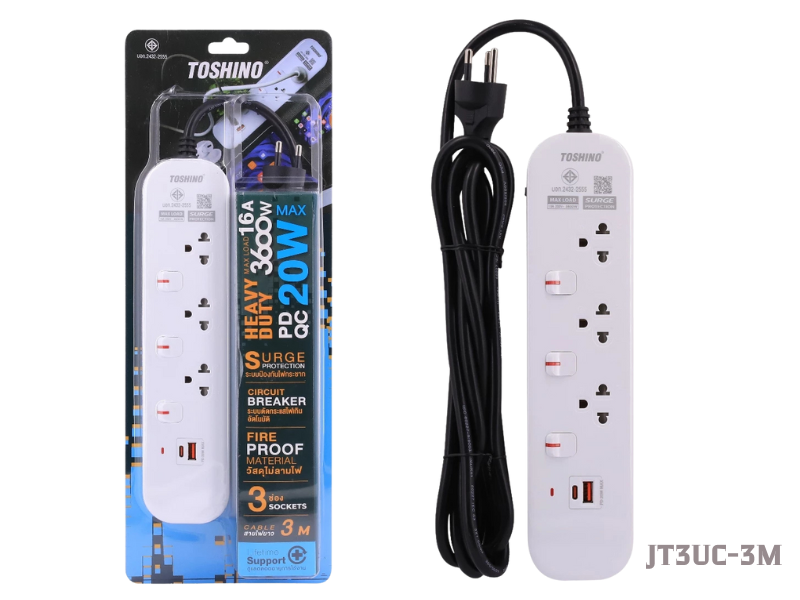 Toshino รางปลั๊ก 3 ช่อง + 1C1A 20W 3 สวิตช์ 3 เมตร(16A/3600W)