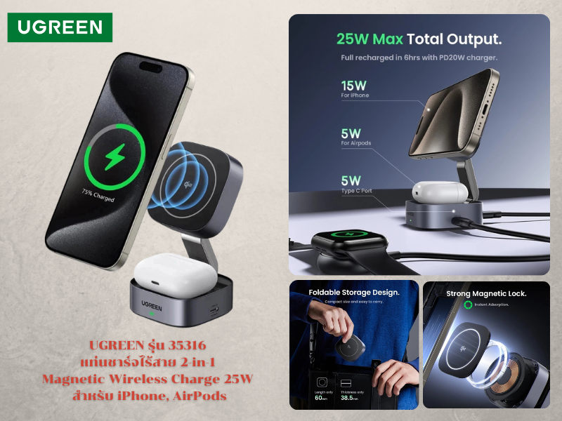 UGREEN แท่นชาร์จไร้สาย 2-in-1 Magnetic Wireless Charge 25W สำหรับ iPhone, AirPods