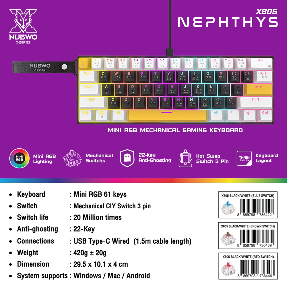 NUBWO MINI RGB KEYBOARD 61Keys เชื่อมต่อผ่านUSB-C